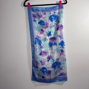 Vintage Floral Silk Look Scarf Blue Purple Square Hair Neck Cottagecore